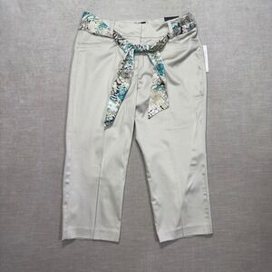 New Larry Levine Khaki Stretch Capris Pants Stretch Belted Size 8P